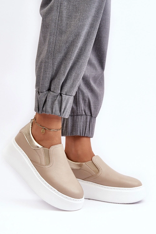 Skórzane Buty Sportowe Damskie na Platformie Beżowe Lemar Manish