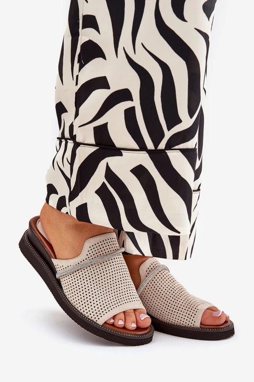 Klapki Damskie Na Koturnie Z Ozdobnym Paseczkiem Beżowe Teriwes