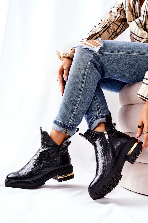 Skórzane Botki Ocieplane Krokodyl Czarne Tanya