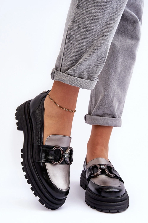 Półbuty Loafersy Damskie Skórzane Na Płaskim Obcasie Czarne Elkiza