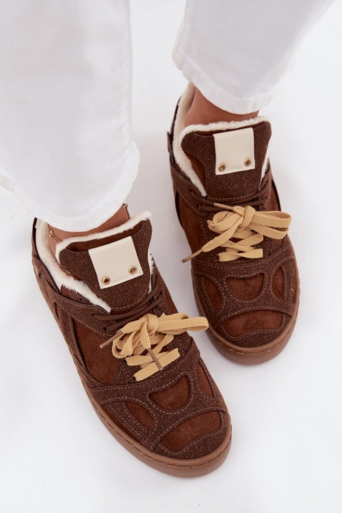 Sneakersy Damskie Na Platformie Ocieplane Futerkiem Brązowe Solvia