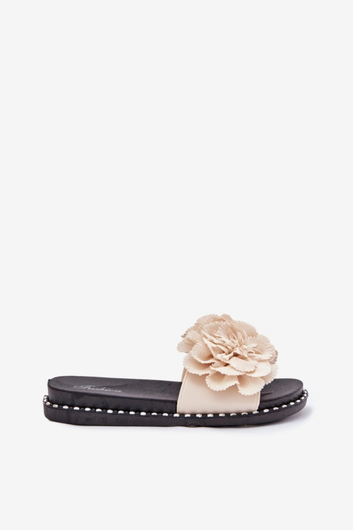 Klapki Damskie Z Materiałowymi Kwiatami Beżowe Elachase