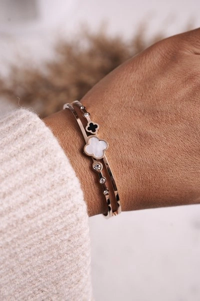 Bransoletka Stalowa z Koniczynką i Cyrkoniami Różowe Złoto Luck