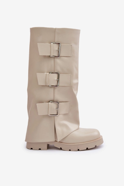 Ocieplane Kozaki Z Wywiniętą Cholewką I Klamrami Jasnobeżowe Cialetta