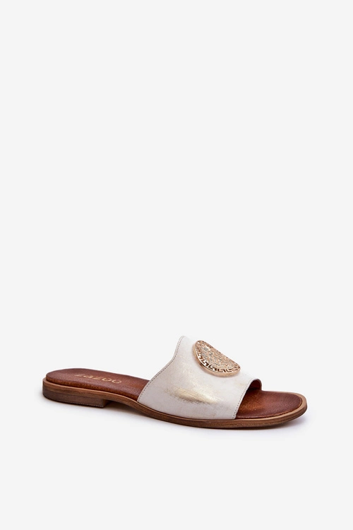 Zazoo 2938 Skórzane Klapki Na Płaskim Obcasie Z Ozdobą Złote Przecierane