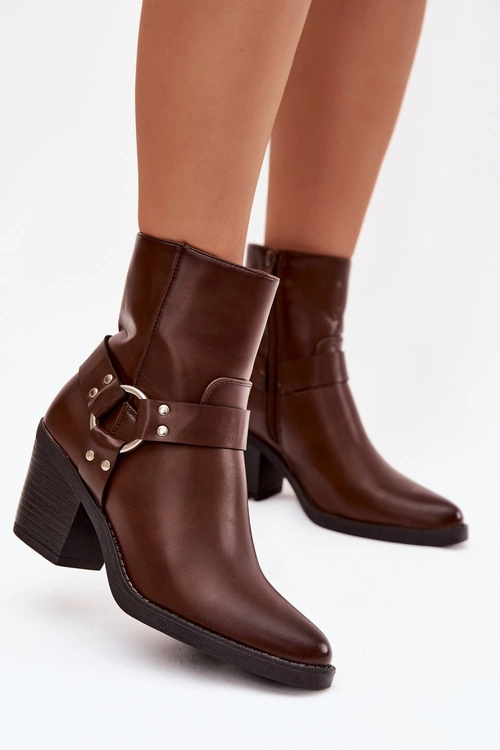 Ocieplane Botki Damskie Na Słupku Z Ozdobnym Elementem Brązowe Jurelle