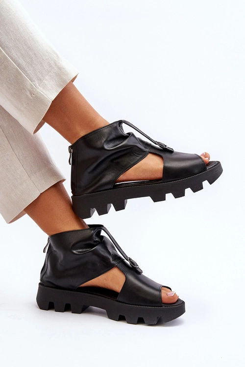 Zazoo 999 Skórzane Sandały Damskie Z Zamkiem Czarne