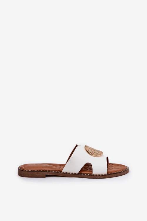 Płaskie Klapki Damskie Z Ozdobnym Detalem Białe Oferry