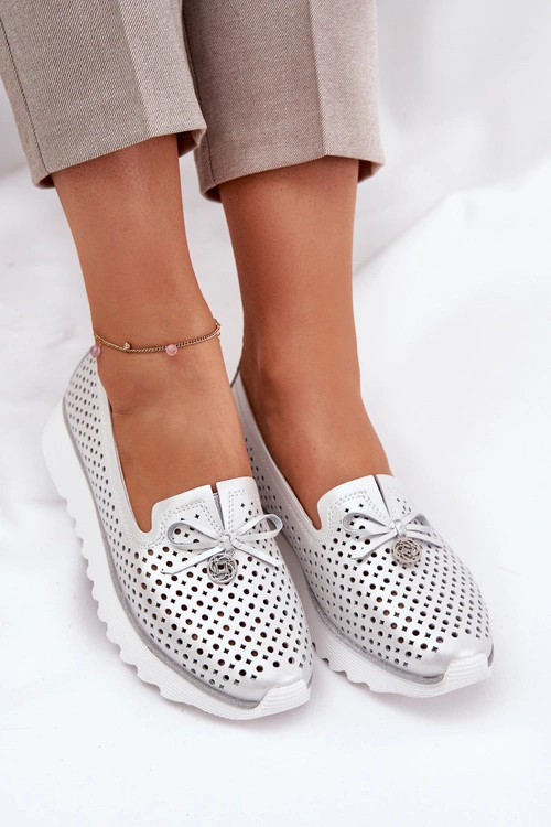 Skórzane Ażurowe Półbuty Damskie Z Naturalnej Skóry D&A LR51-631 Srebrne