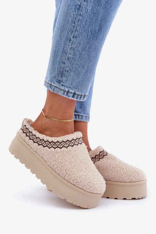 Śniegowce Kapcie Na Platformie Z Futerkiem Typu Baranek Jasnobeżowe Leaniella