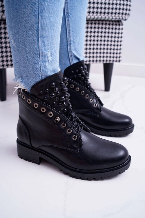 Damskie Botki Z Perełkami Ciepłe Czarne Memer