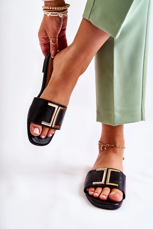 Damskie Skórzane Klasyczne Klapki Z Ozdobą Czarne Maren