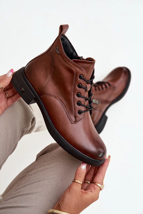 Ocieplane Skórzane Botki Damskie Na Niskim Obcasie Vinceza 39953 Brązowe