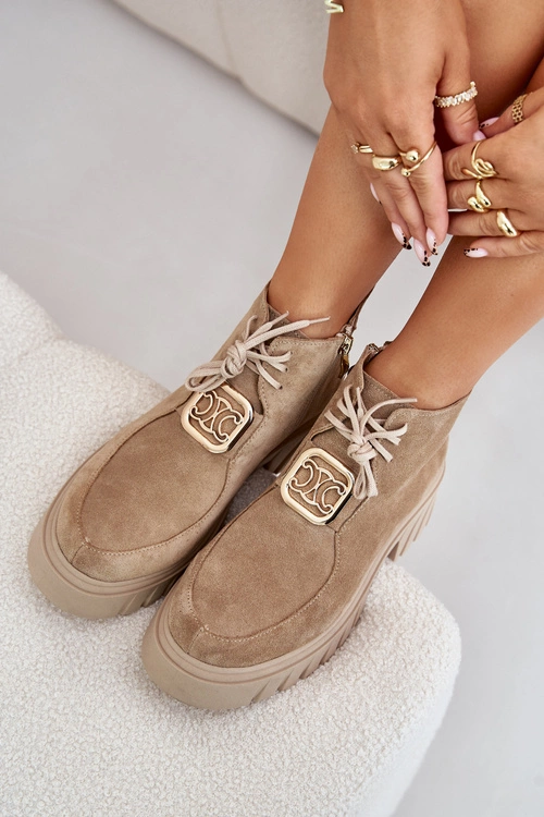 Zazoo 2952 Zamszowe Botki Ze Złotą Ozdobą Beżowe