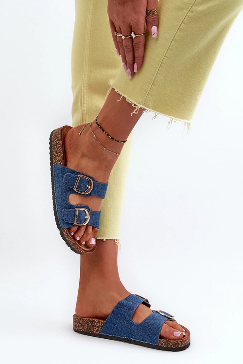 Jeansowe Damskie Klapki Na Korkowej Platformie Z Paskami Ciemnoniebieskie Doretta