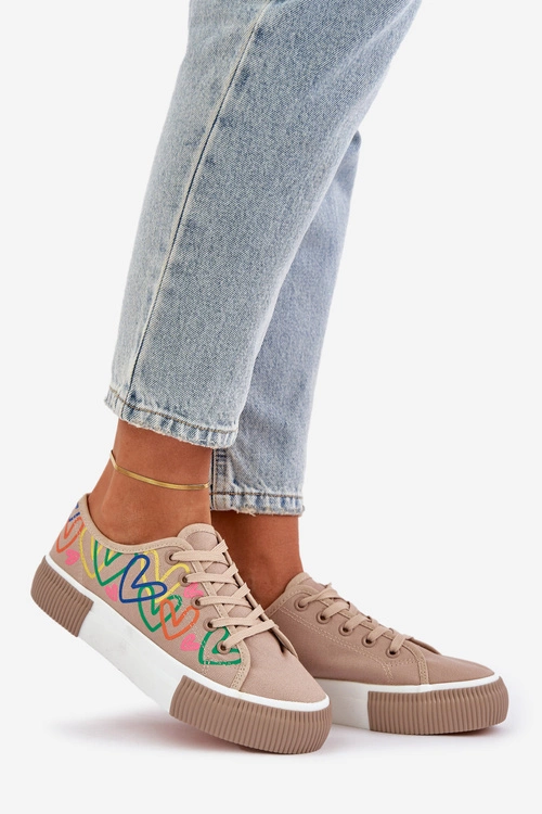 Trampki Tenisówki Damskie W Serca Ciemnobeżowe Fonirea
