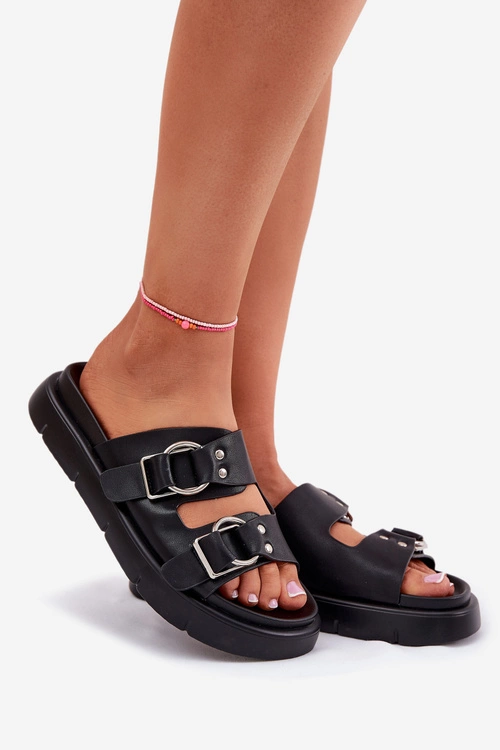 Skórzane Klapki Damskie Z Ozdobnymi Klamrami Big Star RR274658 Czarne