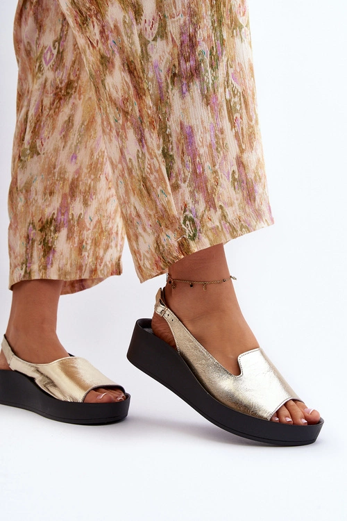 Zazoo 2893 Sandały Damskie Skórzane na Grubej Podeszwie Złote