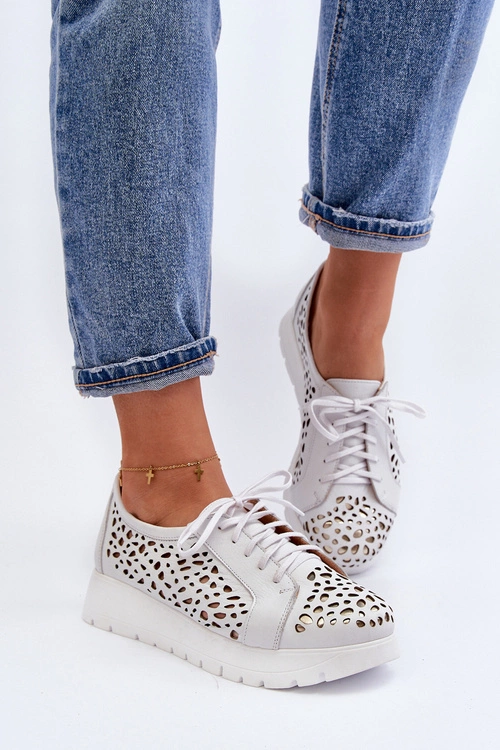 Zazoo 2821 Skórzane Półbuty Damskie Ażurowe Jasnoszare