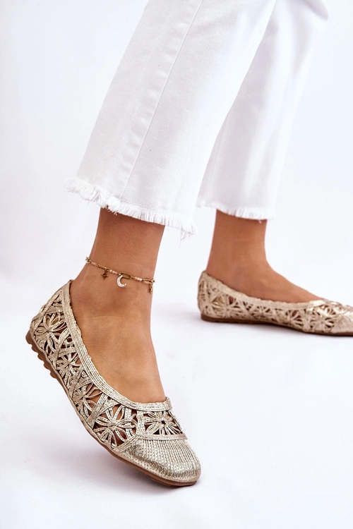 Ażurowe Modne Baleriny Złote Thiago