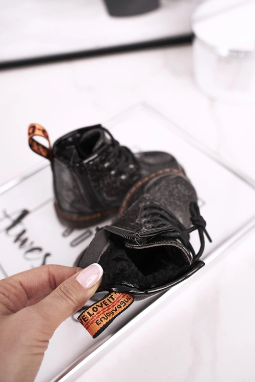 Dziecięce Botki Ocieplane z Suwakiem Lakierowane Brokat Czarne Mistor