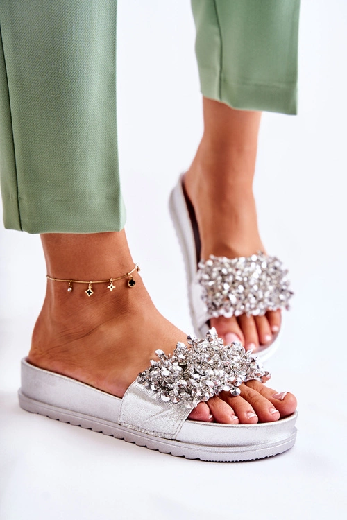 Damskie Klapki Na Platformie Z Ozdobami Srebrne Almina