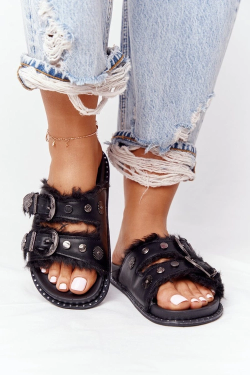 Klapki Z Klamrami I Futerkiem Czarne Lydi