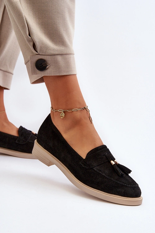 Zazoo 3420 Zamszowe Mokasyny Damskie Na Płaskim Obcasie Czarne