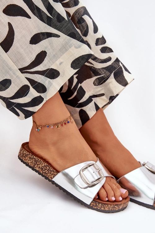 Klapki Damskie Na Korkowej Platformie Z Klamrą Srebrne Vianara