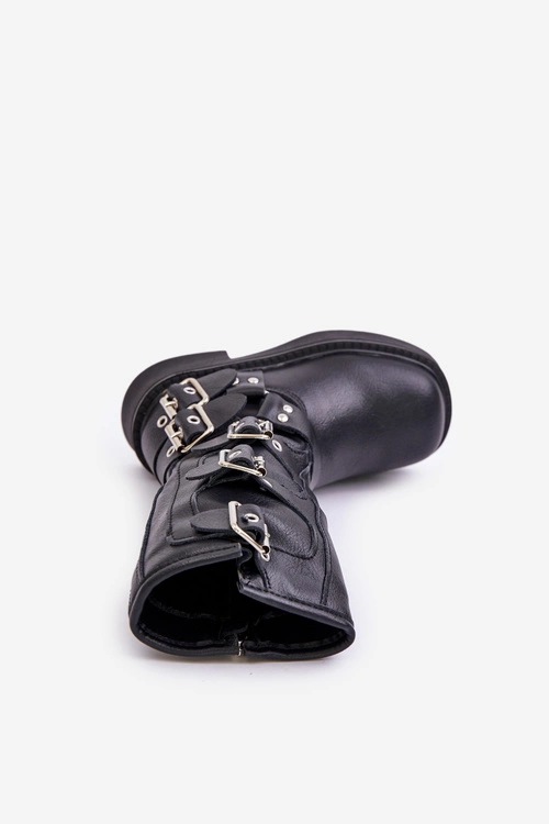 Kozaki Botki Dziewczęce Z Klamrami Eko Skórzane Czarne Rinetha