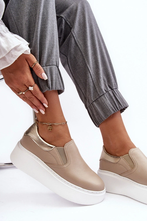 Skórzane Buty Sportowe Damskie na Platformie Beżowe Lemar Manish