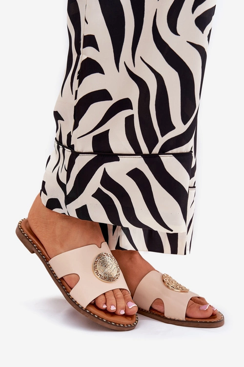 Płaskie Klapki Damskie Z Ozdobnym Detalem Beżowe Oferry