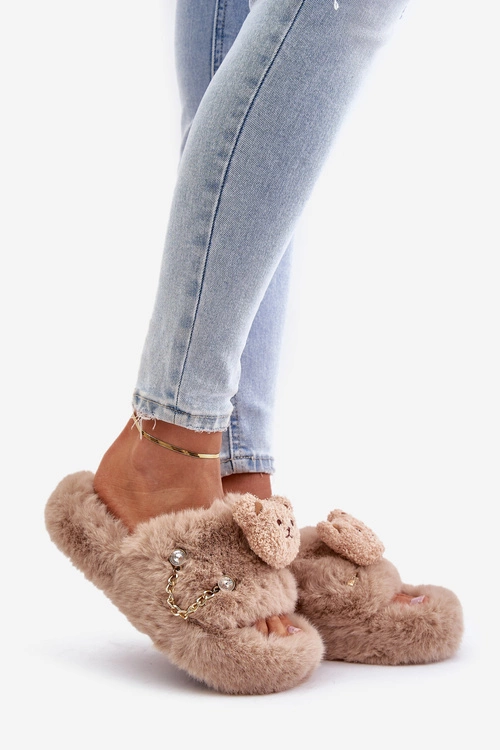 Kapcie Futrzane Damskie Z Misiem I Ozdobnymi Elementami Beżowe Innalise