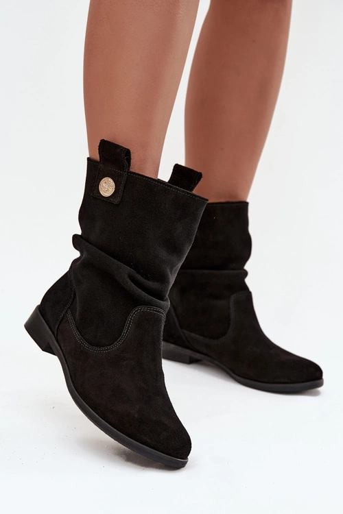 Skórzane Zamszowe Botki Damskie Z Marszczeniem Ocieplane Zazoo 4210 Czarne