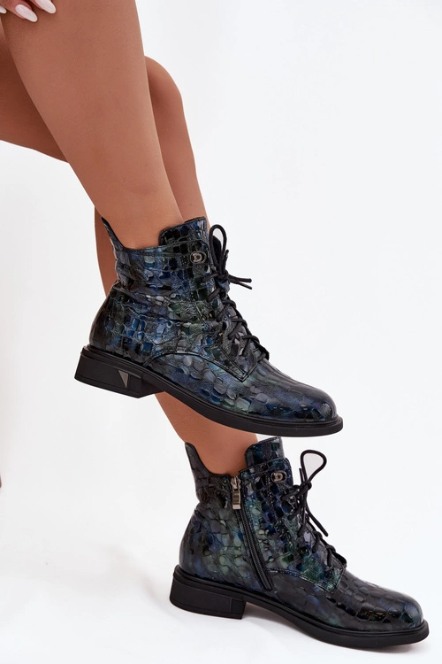 Lakierowane Botki Damskie Z Naturalnej Skóry D&A LZ52-962 Granatowe