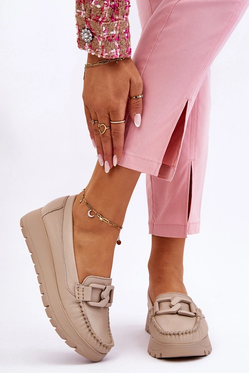 Zazoo 10141 Skórzane Mokasyny Na Platformie Z Ozdobą Beżowe