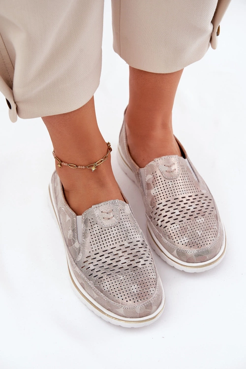 Zamszowe Półbuty Wsuwane Beżowo-Złote Inez