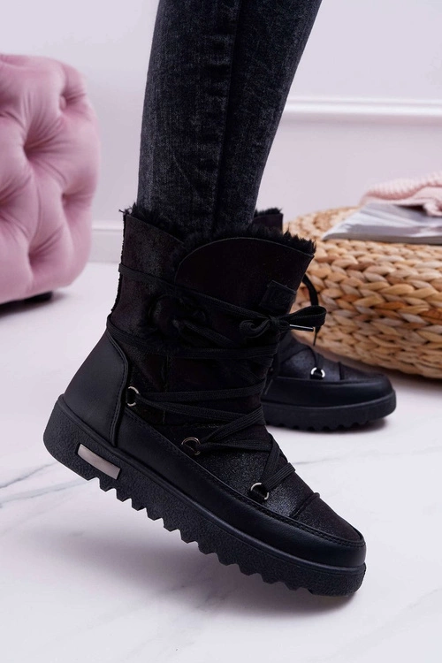 Damskie Botki Śniegowce Ocieplane Futerkiem Czarne Fereni