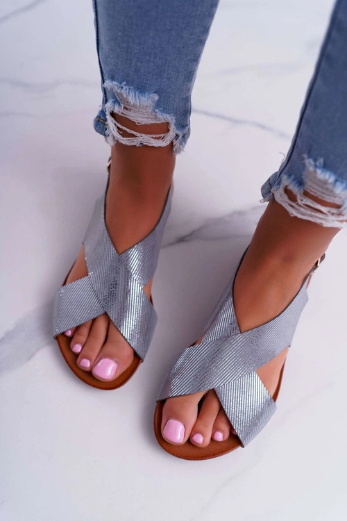 Sandały Damskie Płaskie Skórzane Laura Messi Srebrne 1960