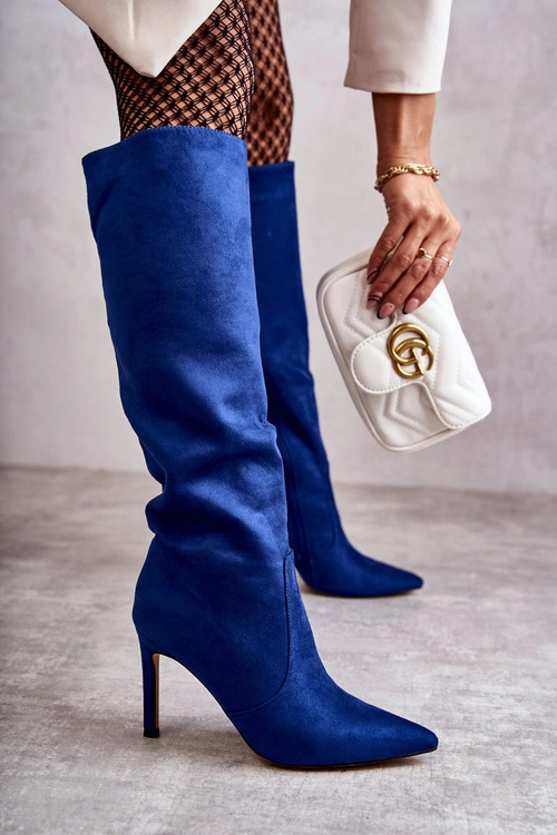 Zamszowe Kozaki Na Szpilce Niebieskie Carite
