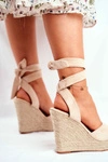 Sandały Damskie Na Koturnie Wiązane Beżowe Belleza