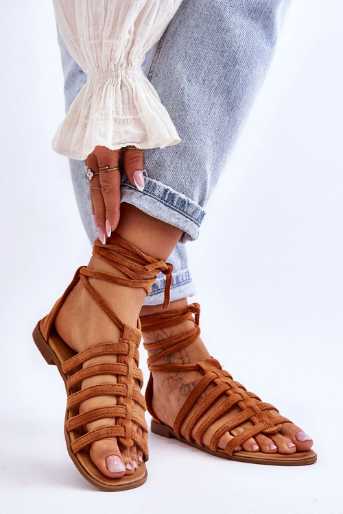 Damskie Zamszowe Sandały Rzymianki Camel Sempre