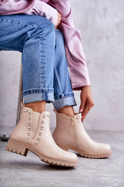 Skórzane Botki Workery Beżowe Ferra