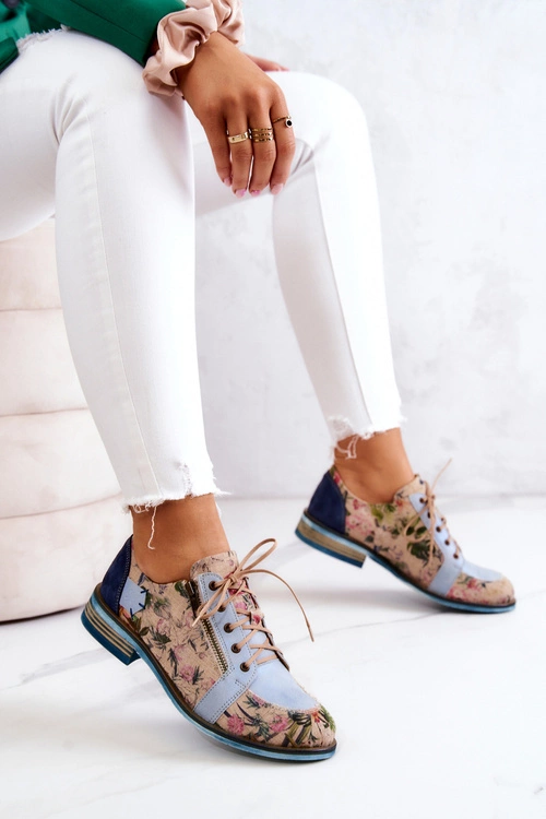 Damskie Skórzane Półbuty W Kwiaty Maciejka 5096A-34 Niebieskie