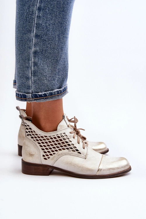 Zazoo 2878 Niskie Ażurowe Botki Skórzane Damskie Srebrne