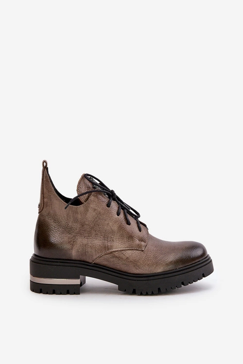 Zazoo 60309 Damskie Skórzane Botki Na Płaskim Obcasie Ciemnobeżowe