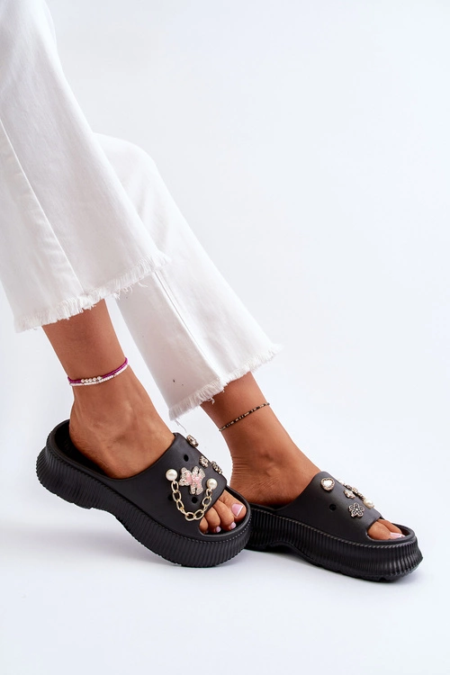 Damskie Piankowe Klapki Z Ozdobami Czarne Afariana