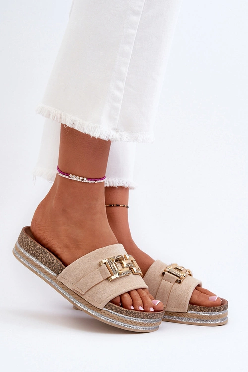 Damskie Klapki Na Platformie Z Ozdobą Beżowe Vapireta