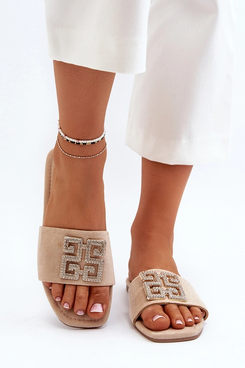 Klapki Damskie Na Płaskim Obcasie Z Ozdobą Beżowe Inaile