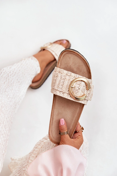 Klapki Damskie Na Korkowej Platformie Ze Złotą Klamrą Beżowe Nilaviena